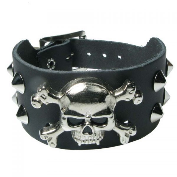 2 Row Conical Skull Crossbones Studded Leather Wristband Gauntlet Bullet 69