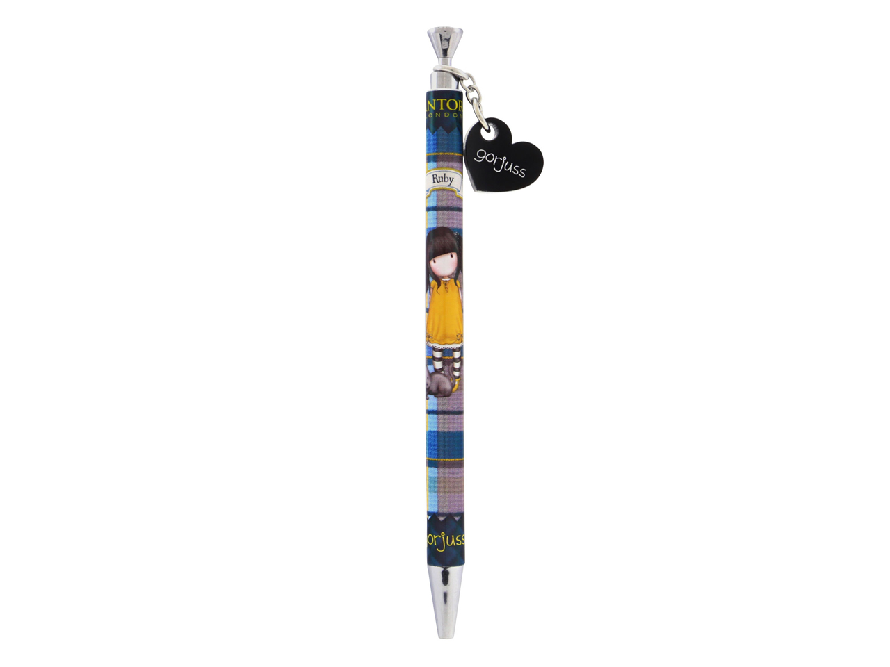 Santoro Gorjuss Tartan Pen with Acrylic Dangler and Jewelled Top Ruby