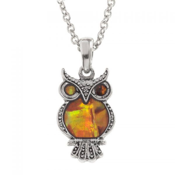 Paua Shell Orange Owl Bird Pendant Necklace Rhodium Chain Tide Jewellery Talbot Fashions Organic New Zealand Sea Opal