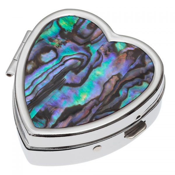 Paua Shell Blue Green, Purple Pink Heart Pill Box Rhodium Tide Jewellery Talbot Fashions Organic New Zealand Sea Opal
